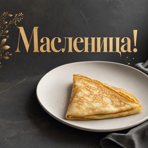 Открытка на Масленицу с тонким блином на тарелке