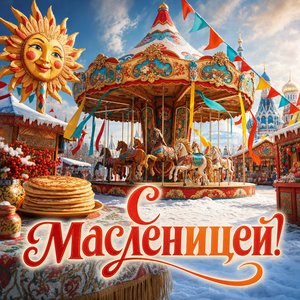 Открытка на Масленицу с ярмарочной каруселью