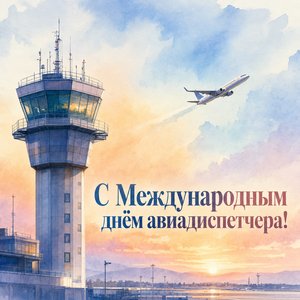 Открытка на Международный день авиадиспетчера с диспетчерской вышкой на рассвете