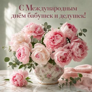 Открытка на Международный день бабушек и дедушек с букетом пионов