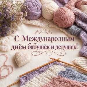 Открытка на Международный день бабушек и дедушек с клубками пряжи