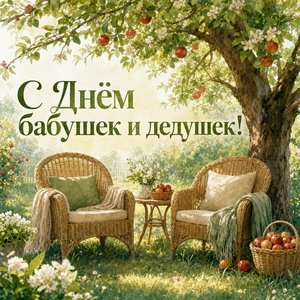 Открытка на Международный день бабушек и дедушек с креслами в саду