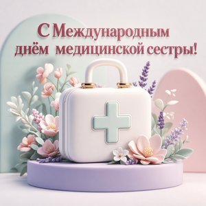 Открытка на Международный день медицинской сестры с аптечкой и цветами