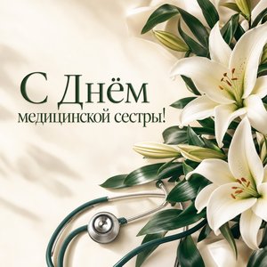 Открытка на Международный день медицинской сестры с белыми лилиями и стетоскопом