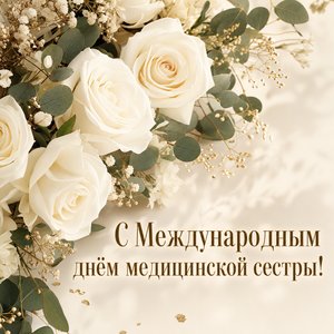 Открытка на Международный день медицинской сестры с белыми розами и эвкалиптом