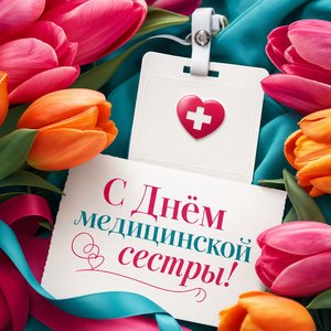 Открытка на Международный день медицинской сестры с тюльпанами и бейджем