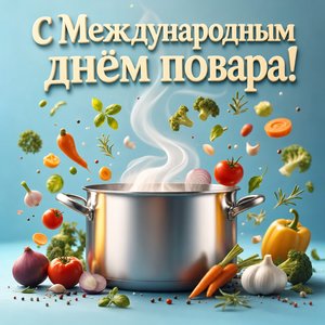 Открытка на Международный день повара с кастрюлей и паром