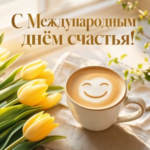 Открытка на Международный день счастья с чашкой латте и тюльпанами