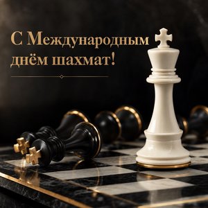 Открытка на Международный день шахмат с белым королём на мраморной доске