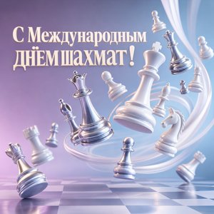 Открытка на Международный день шахмат с парящими шахматными фигурами