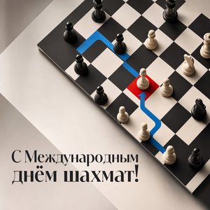 Открытка на Международный день шахмат с шахматной доской и траекторией хода