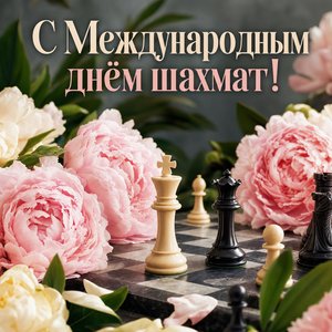 Открытка на Международный день шахмат с шахматными фигурами и пионами