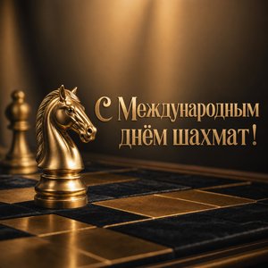 Открытка на Международный день шахмат с золотым шахматным конём