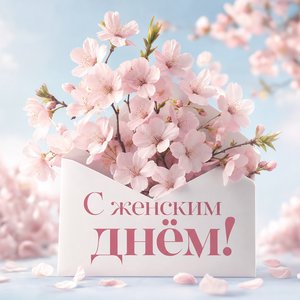 Открытка на Международный женский день с конвертом и сакурой