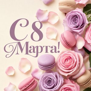 Открытка на Международный женский день с макаронами и лепестками роз