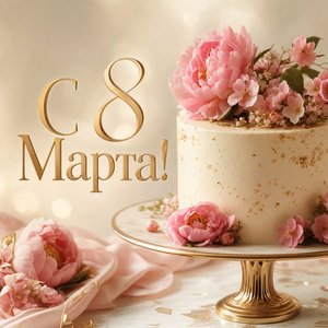 Открытка на Международный женский день с мини-тортом и цветами
