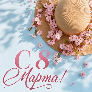 Открытка на Международный женский день с соломенной шляпой и цветами