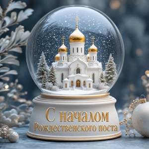 Открытка на Начало Рождественского поста со снежным шаром и храмом