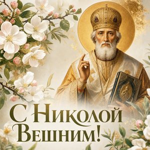 Открытка на Никола Вешний — День святителя Николая с иконой и цветущими ветвями
