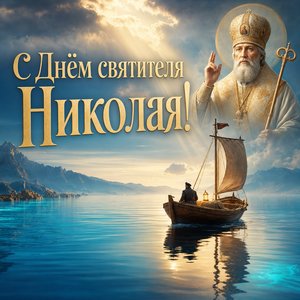 Открытка на Никола Вешний — День святителя Николая с корабликом на воде