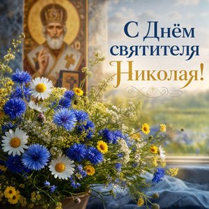 Открытка на Никола Вешний — День святителя Николая с полевыми цветами