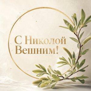 Открытка на Никола Вешний — День святителя Николая с золотым нимбом и ветвью