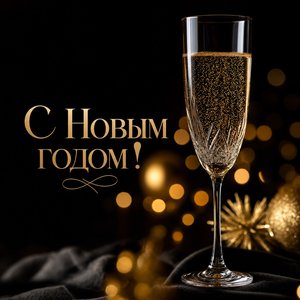 Открытка на Новый год с бокалом шампанского