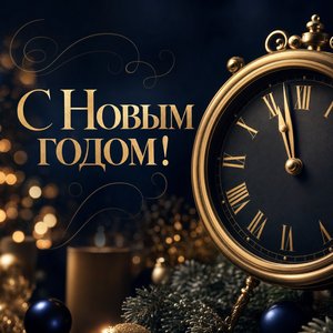 Открытка на Новый год с часами перед полуночью