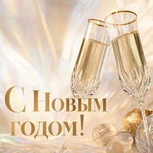 Открытка на Новый год с двумя бокалами шампанского