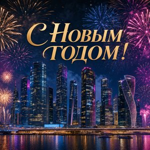 Открытка на Новый год с фейерверками над городом