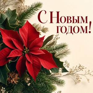 Открытка на Новый год с красной пуансеттией