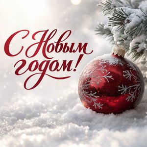 Открытка на Новый год с красным елочным шаром