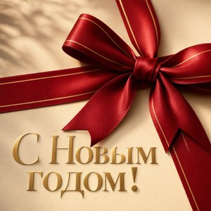 Открытка на Новый год с красным подарочным бантом