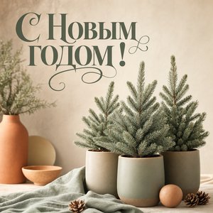 Открытка на Новый год с маленькими елками в горшках