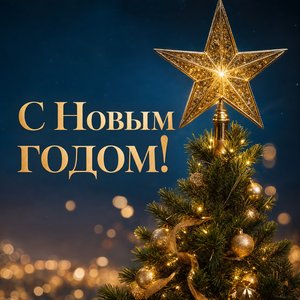 Открытка на Новый год с золотой звездой на елке