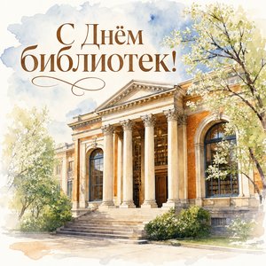 Открытка на Общероссийский день библиотек с фасадом библиотеки