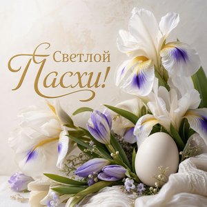Открытка на Пасху Христову с белыми ирисами и яйцом