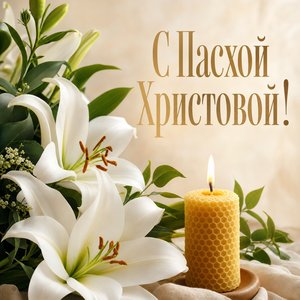 Открытка на Пасху Христову с белыми лилиями и свечой