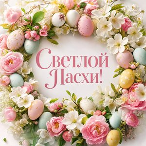 Открытка на Пасху Христову с цветочным венком и яйцами