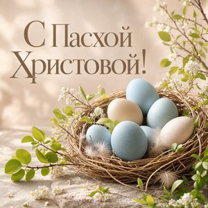 Открытка на Пасху Христову с гнездом и пасхальными яйцами
