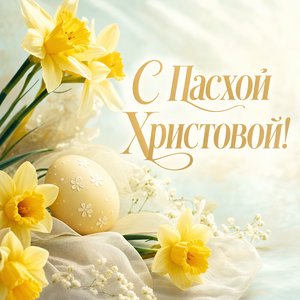 Открытка на Пасху Христову с нарциссами и яйцом