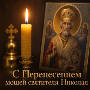 Открытка на Перенесение мощей святителя Николая Чудотворца с зажжённой свечой у иконы