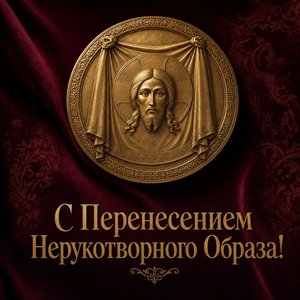 Открытка на Перенесение Нерукотворного Образа Господа Иисуса Христа с золотым рельефом на бордовом бархате