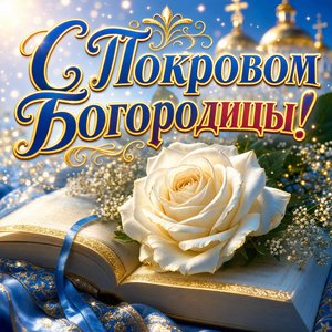 Открытка на Покров Пресвятой Богородицы с белой розой на молитвослове