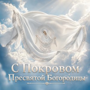 Открытка на Покров Пресвятой Богородицы с белым омофором в облаках