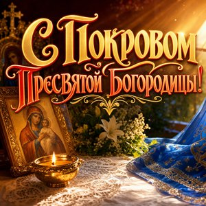 Открытка на Покров Пресвятой Богородицы с домашним иконным углом