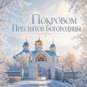 Открытка на Покров Пресвятой Богородицы с монастырскими воротами в инее