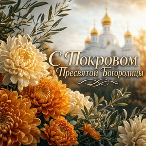 Открытка на Покров Пресвятой Богородицы с осенними хризантемами