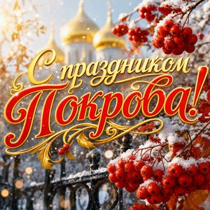 Открытка на Покров Пресвятой Богородицы с рябиной у церковной ограды