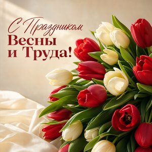 Открытка на Праздник Весны и Труда с букетом тюльпанов